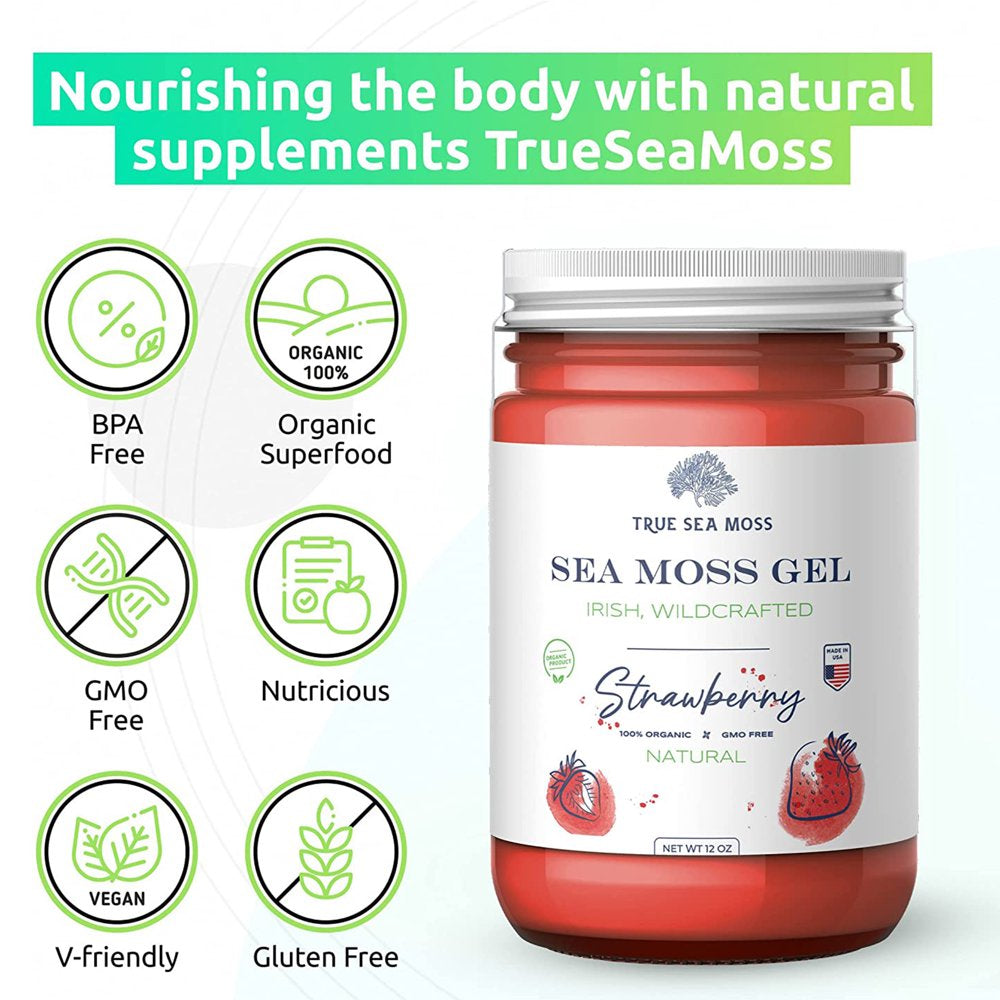 Trueseamoss Wildcrafted Irish Sea Moss Gel – Nutritious Raw Seamoss Rich in Minerals, Proteins & Vitamins – Antioxidant Health Supplement, Vegan-Friendly Made in USA (Strawberry, 5)