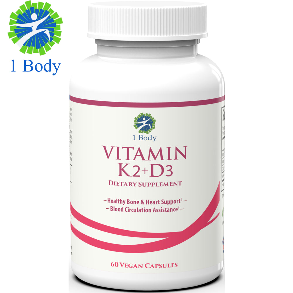 1 Body Vitamin K2 + D3 Supplement for Strong Bones, Healthy Heart & Mood Booster, 60 Vegan Capsules