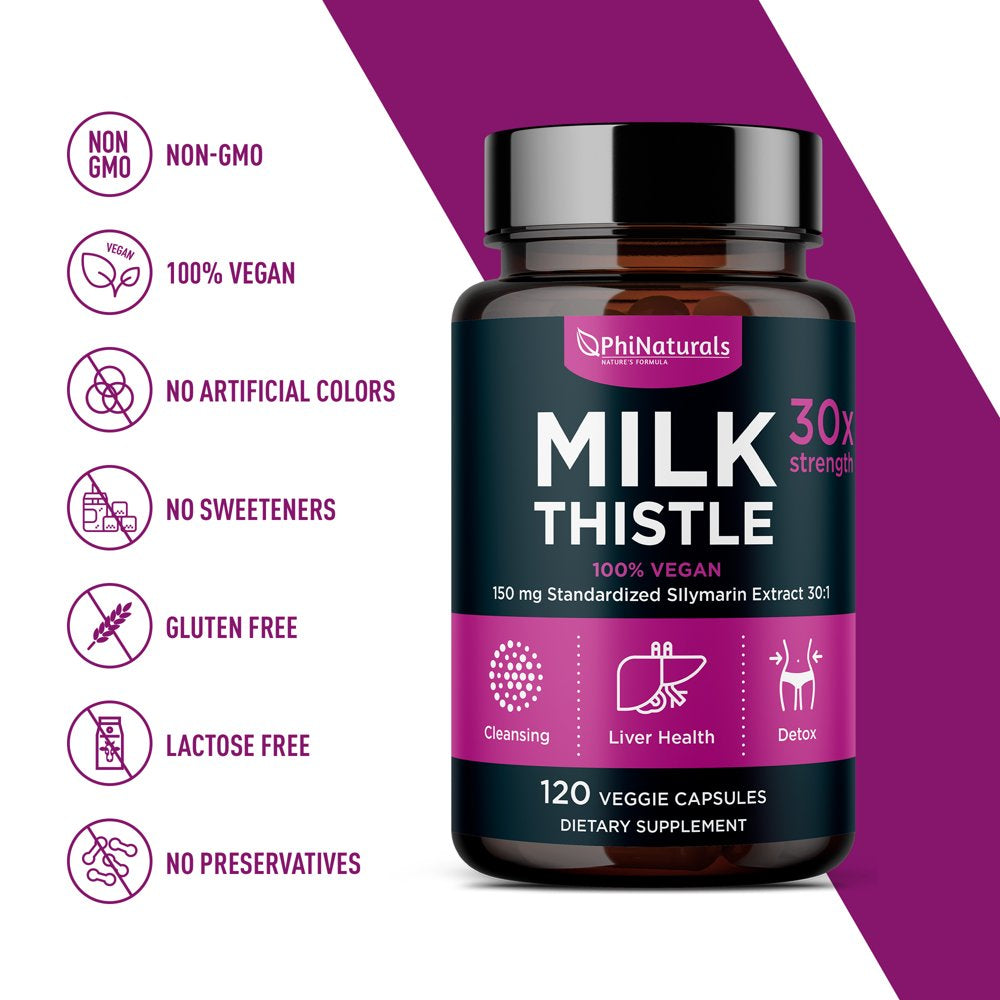 Milk Thistle Silymarin 30X Extract Supplement (Standardized 30:1) by Phi Naturals | 150 Mg per Capsule - 120 Capsules | Supports Liver Cleanse, Detox and More