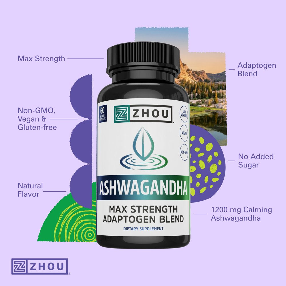 Zhou Nutrition Ashwagandha, Natural Adaptogenic Supplement for Stress, Anxiety, Fatigue & Mood Support, Rhodiola, Holy Basil, Cordyceps, Reishi, 30 Servings, 60 Count