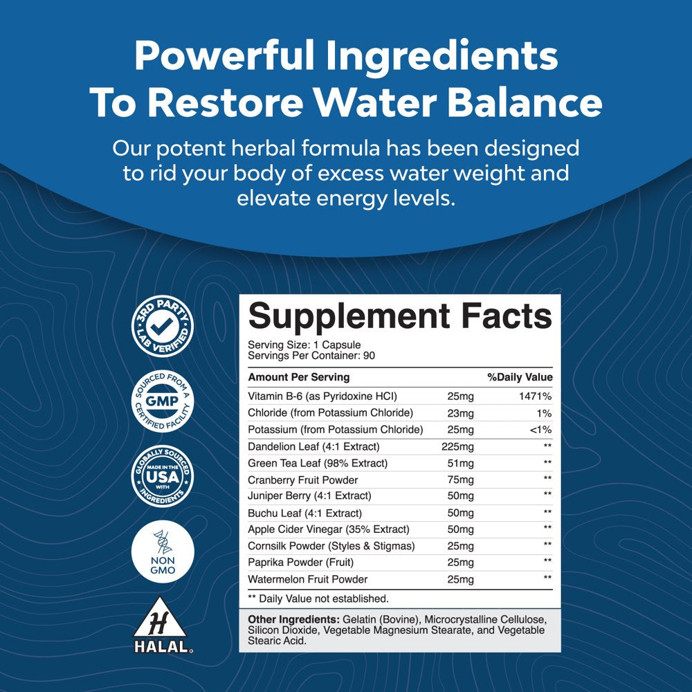 Water Away Pills Maximum Strength - Herbal Diuretic Pills for Water Retention for Fast Acting Bloating Relief for Women and Men - Easy to Take Water Retention Pills for Women and Men - 90 Servings