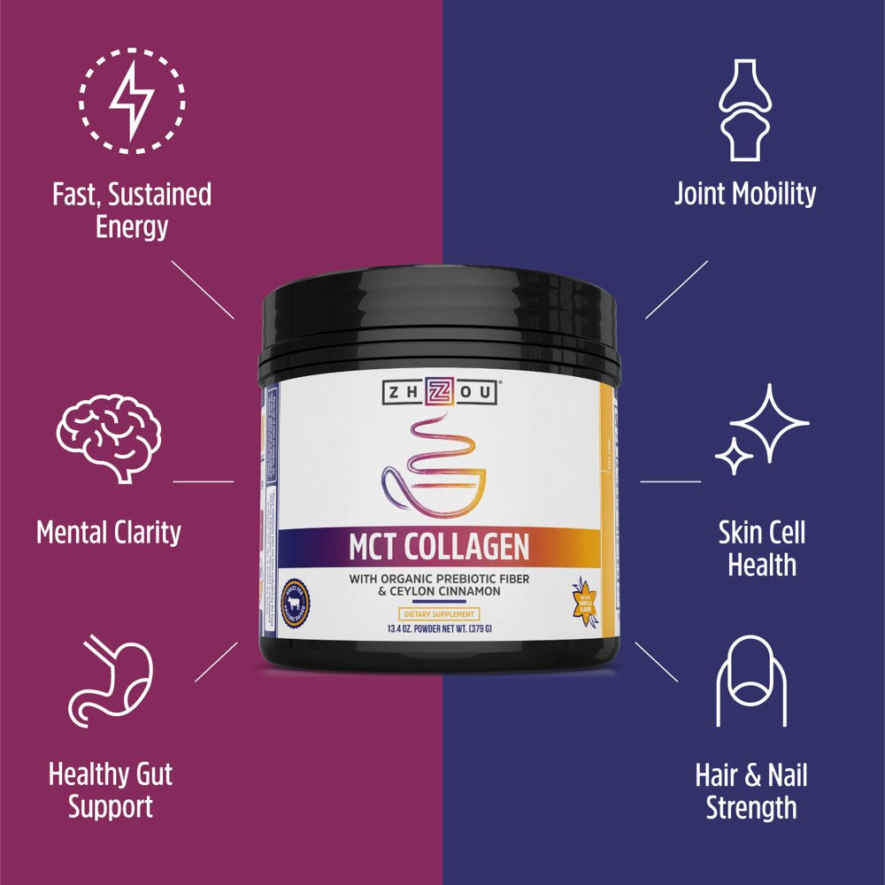 Zhou MCT Collagen | with Organic Prebiotic Fiber & Ceylon Cinnamon | 25 Servings, 13.4 Oz