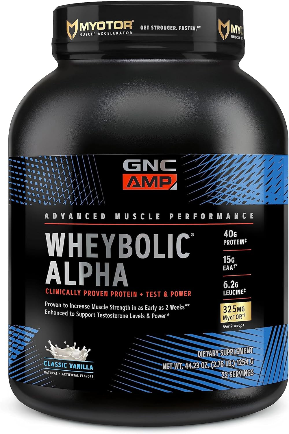 GNC AMP Wheybolic Alpha with Myotor Protein Powder | Targeted Muscle Building and Workout Support Formula with BCAA | 40G Protein | Classic Vanilla | 22 Servings