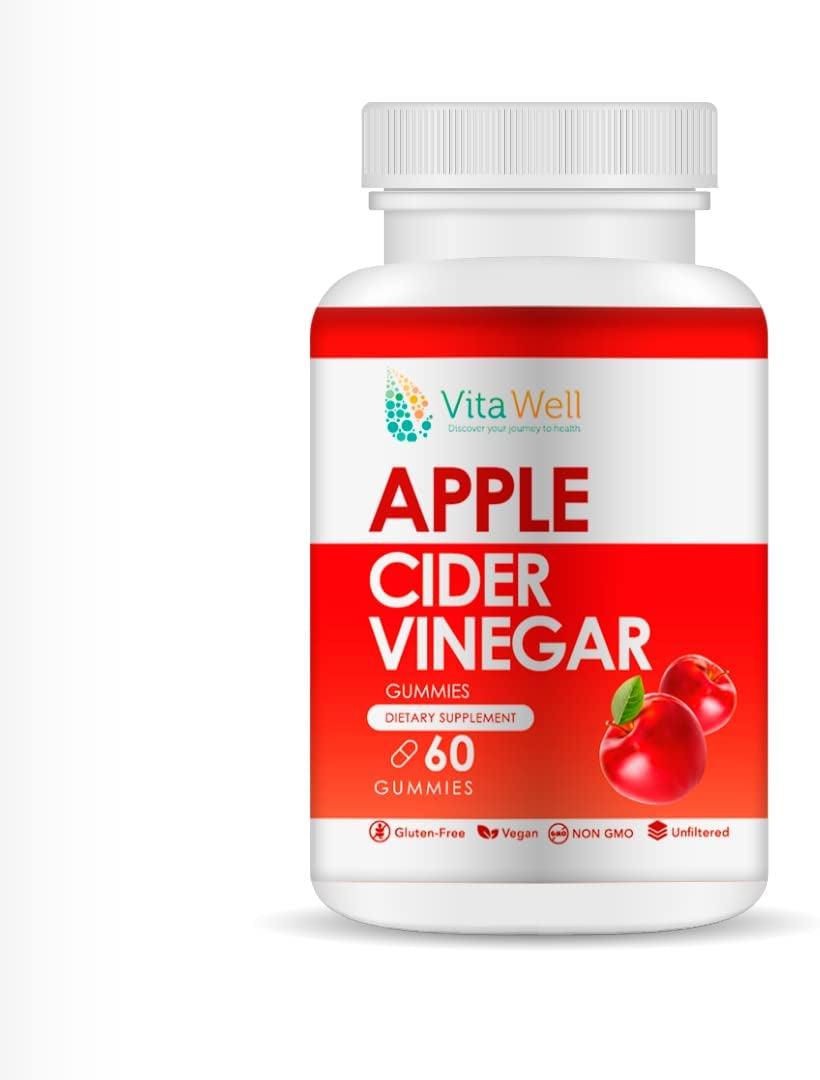 Vitawell Apple Cider Vinegar Gummy Vitamins, Dietary Supplement, 60 Count, Unfiltered, Gluten Free, Vegan & Non-Gmo.