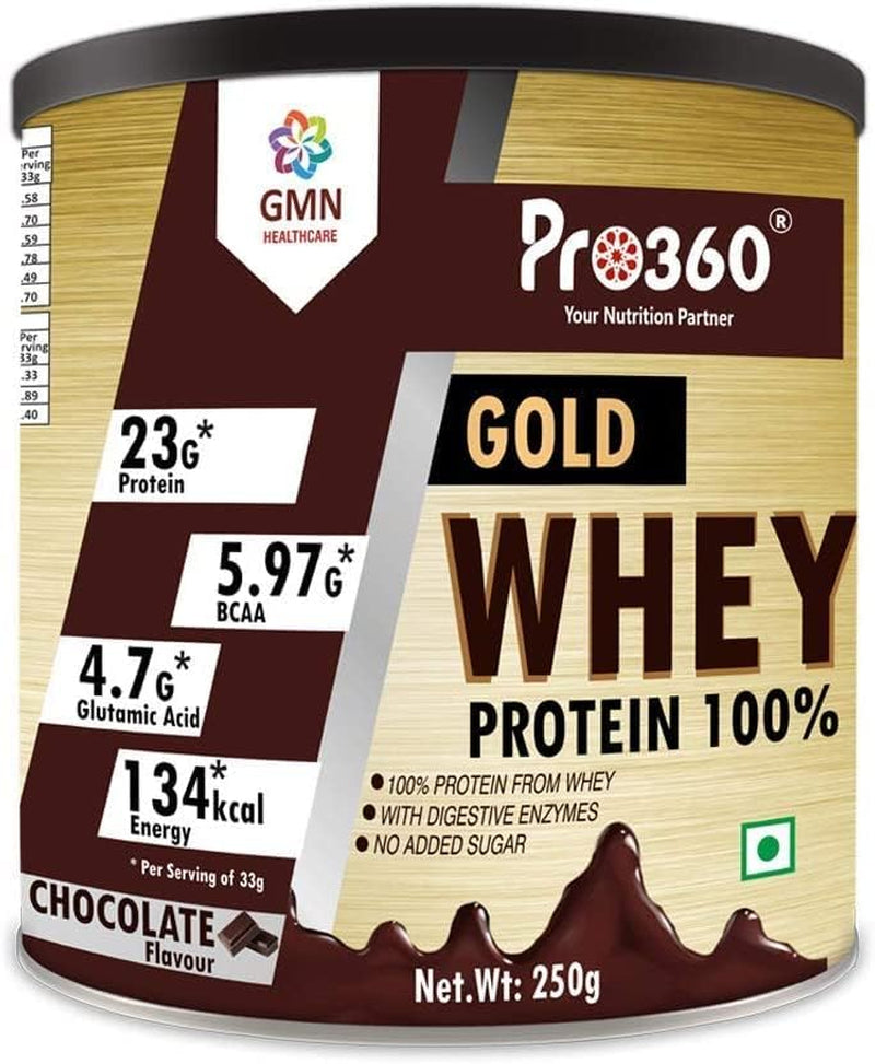 SJH Pro360 Gold Whey Protein - Chocolate Flavored - (100% Whey Protein with Digestive Enzymes, 23G Protein, 5.97G BCAA, 4.7G Glutamic Acid per Serving) (250G)