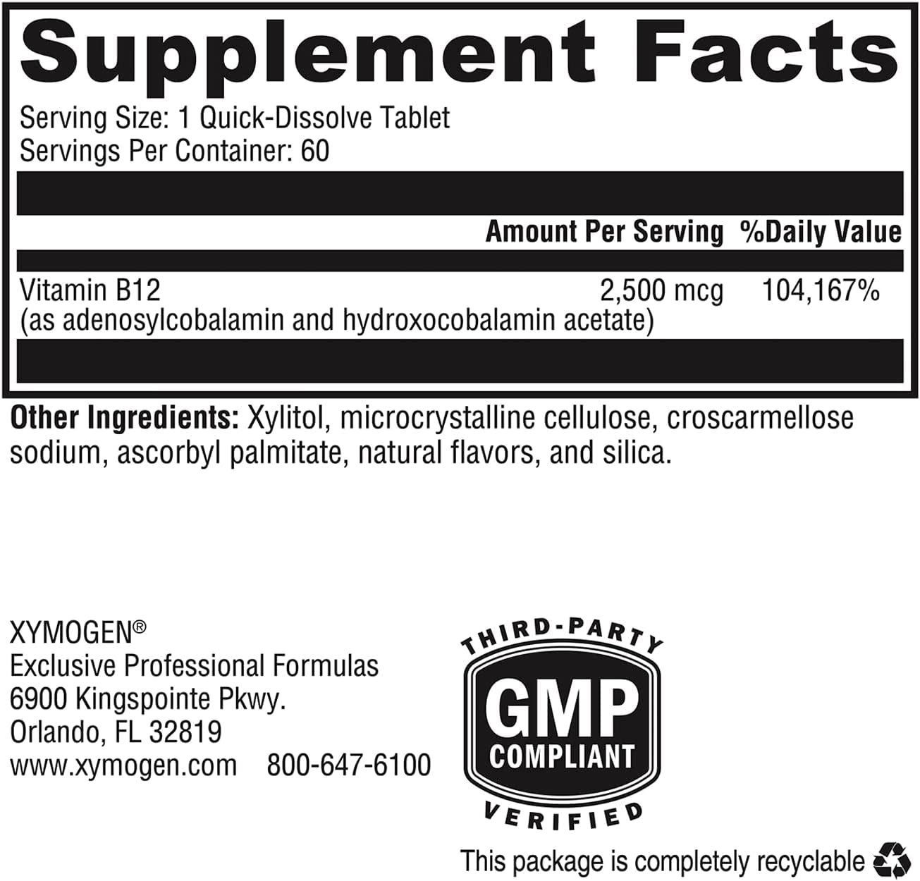 XYMOGEN Adeno+Hydroxo B12 - Non-Methylated B12 (2,500Mcg) - Quick-Dissolve B12 Lozenges with Adenosylcobalamin B12 + Hydroxocobalamin B12 - Cognitive Support, Fruit Punch Flavor (60 Tablets)