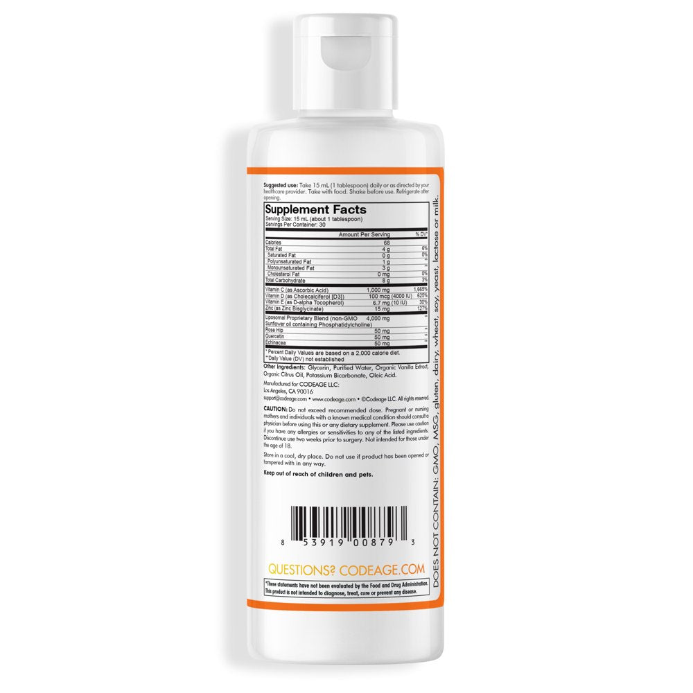 Codeage Nanofood Liposomal Wonder-C Liquid Vitamin C 1000Mg, Zinc, Vitamin D E, Quercetin, Echinacea, 15.22 Fl Oz