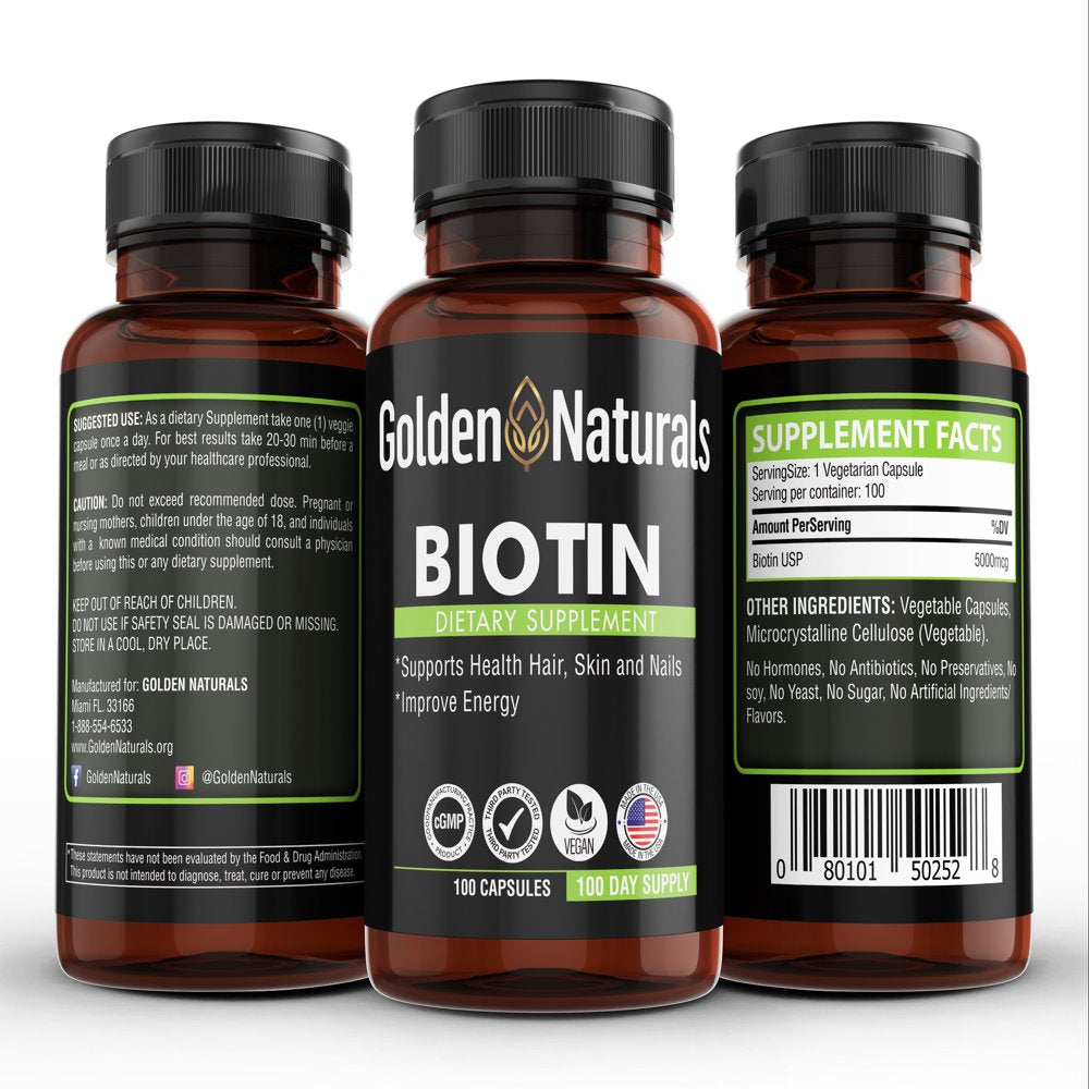 Golden Naturals Biotin, for Healthy Hair Skin and Nails, 100 Ct