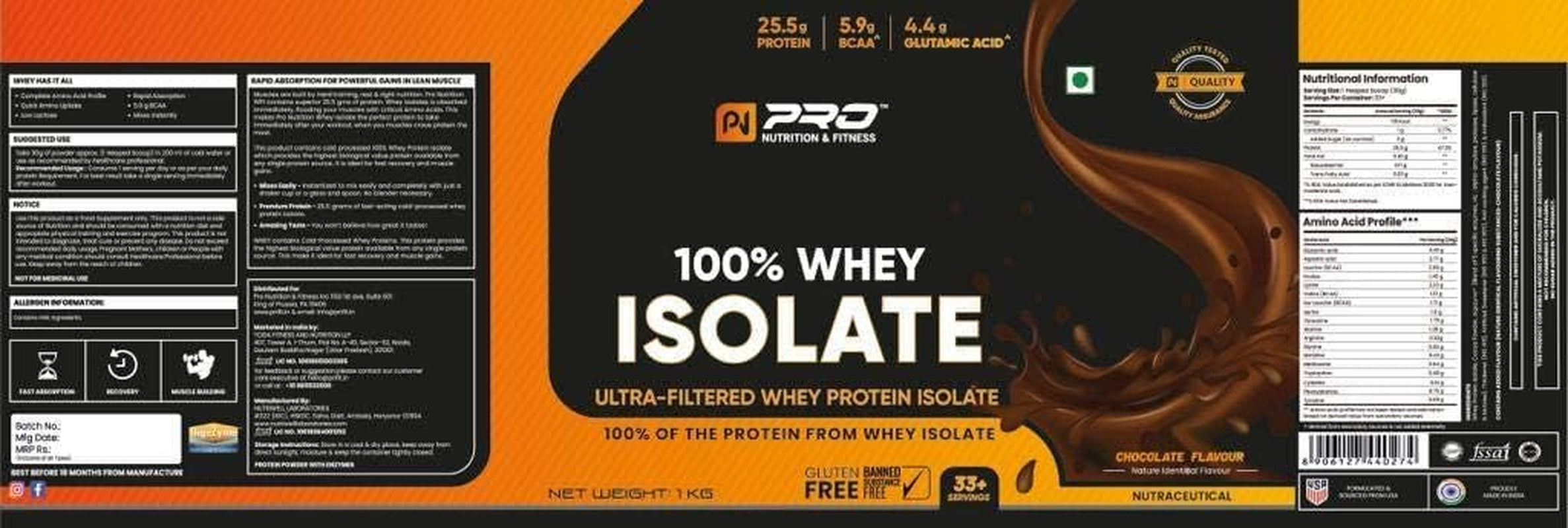 Admart (USA Whey Isolate Protein Powder 1Kg, 80% Concentrate Whey,33 Servings, 25.5 Gm Protein, 5.9 GMS BCAA and 4.4 GMS Glutamine per Serving - 33+ Servings Chocolate Flavor