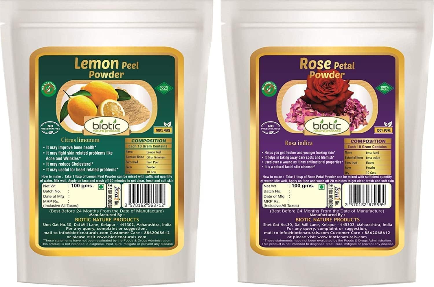 TARIN Biotic Lemon Peel Powder and Rose Petal Powder (100G Each) - 200 GMS