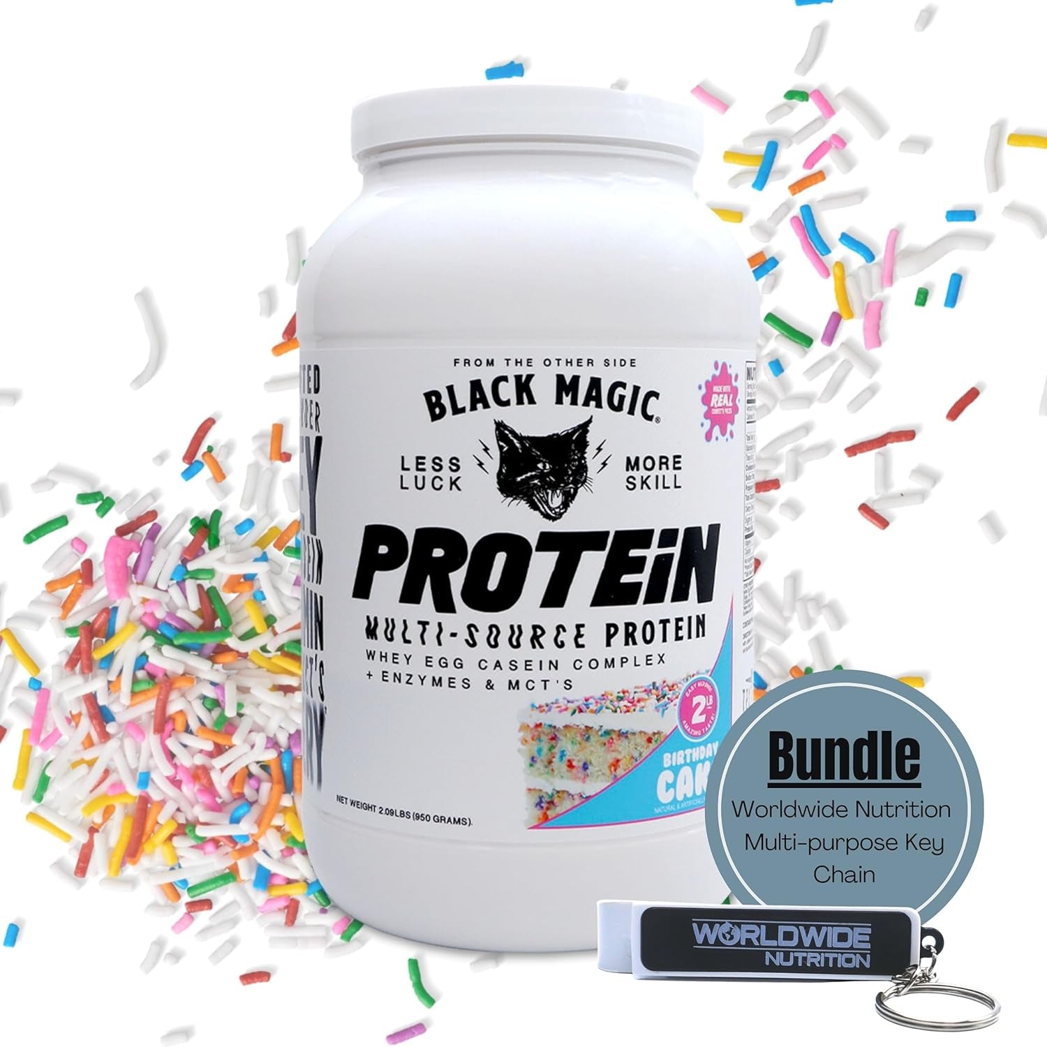 Worldwide Nutrition Bundle,2 Items: Black Magic Multi Source Protein Powder Whey, Egg Albumin Enzymes, Micellar Casein & Mcts Muscle Mass Gaining Birthday Cake Flavor - 2 LB & Multi Purpose Key Chain