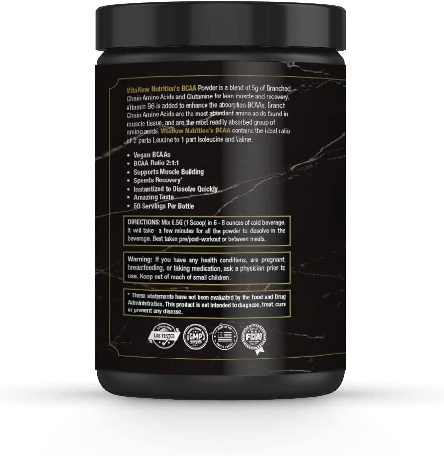 VITANOW NUTRITION BCAA (Branched Chain Amino Acids), Sugar Free, Supports Muscle Building, Vegan Bcaas, 325G, 50 Servings (Fruit Punch)