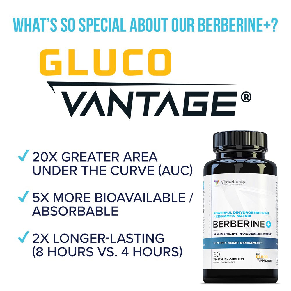 Premium Berberine with Ceylon Cinnamon - Glucovantage (Clinically Proven 5X More Effective than Regular Berberine) for Blood Sugar Support - Vitauthority Berberine Supplement 60Ct Capsules