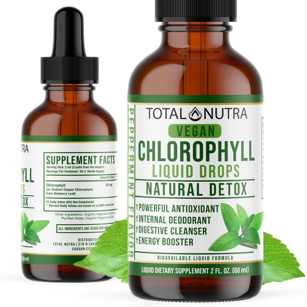 Total Nutra Mint Flavored Liquid Chlorophyll Drops – Helps to Eliminate Body Odor, Liver Detox- Immune Support - Vegan Drop from Mulberry Leaves - 2 Oz.