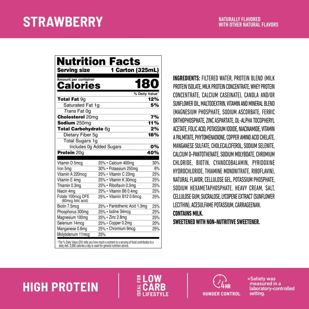 Slimfast Protein Shake, Strawberry- 20G Protein, Meal Replacement Shake Ready to Drink, High Protein with Low Carb and Low Sugar, 24 Vitamins and Minerals, 12 Count (Pack of 1)