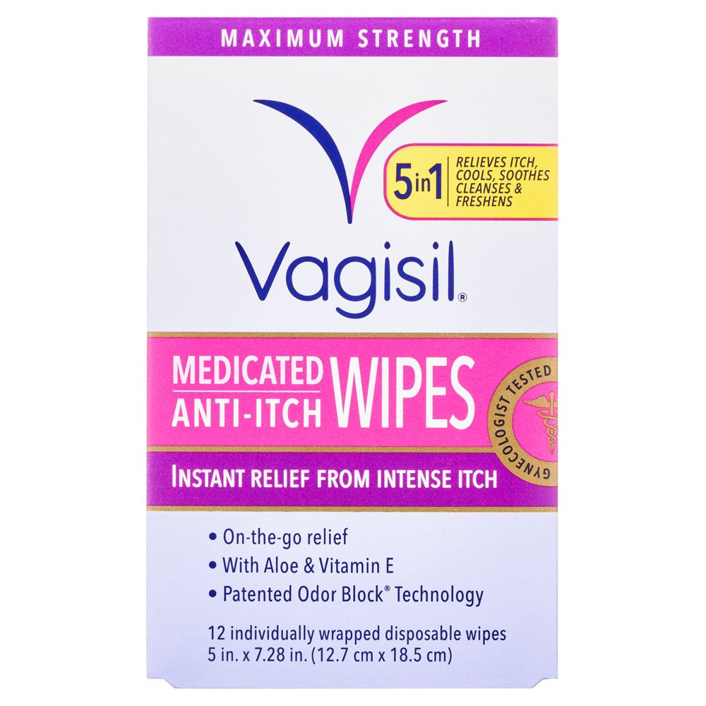 Vagisil Anti-Itch Medicated Wipes, Maximum Strength for Instant Relief, 12 Count, Unscented