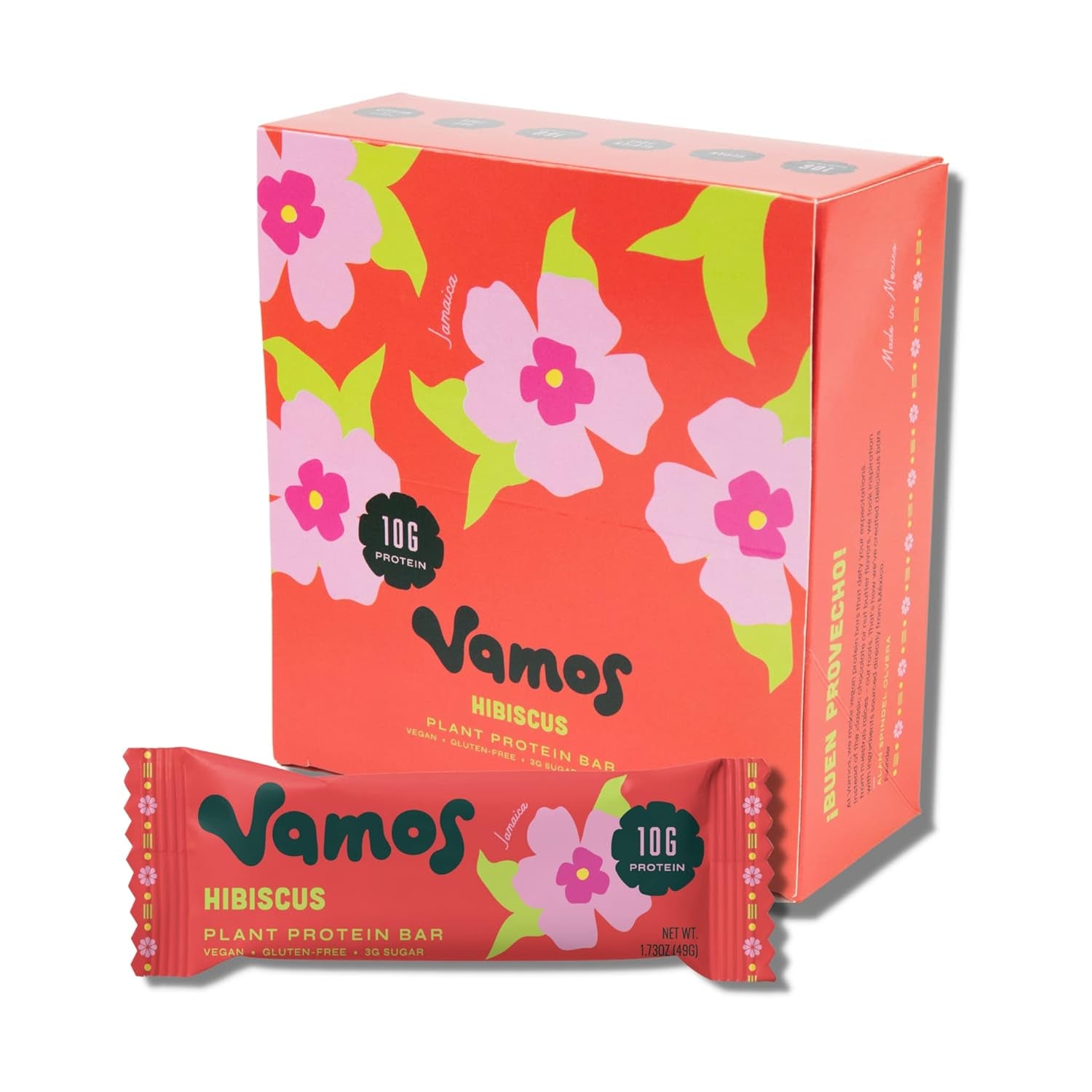 VAMOS FOODS | Vamos Protein Bars (1.73 Oz Bars, 12 Count) | 10G of Plant Based Vegan Protein | Less than 5G of Sugar, Low Calorie, Gluten Free, Grain Free | Hibiscus