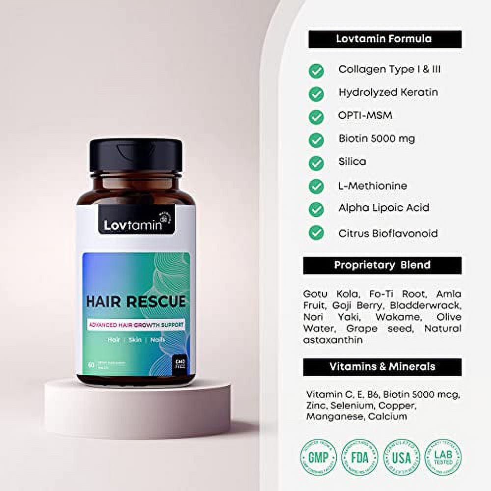 Lovtamin Hair Growth Supplement for Stronger, Thicker Hair 60 Tablets Biotin Advanced Hair, Skin & Nail Supplement with Minerals, Vitamins, High Potency Biotin, Keratin, Collagen,