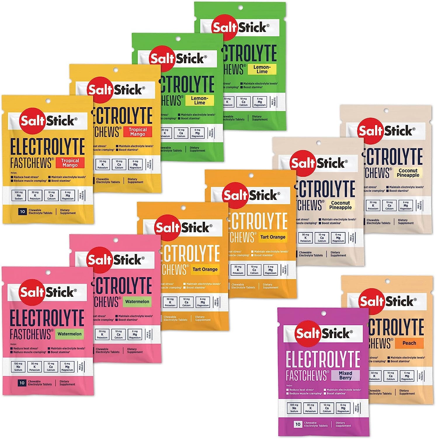 Saltstick Electrolyte Fastchews Chewable Tablets | 120 Tablets - Variety Pack | Salt Tablets for Runners, Sports Nutrition, Hydration Tablets, Electrolyte Chews | 12 Packets of 10 Tablets Each