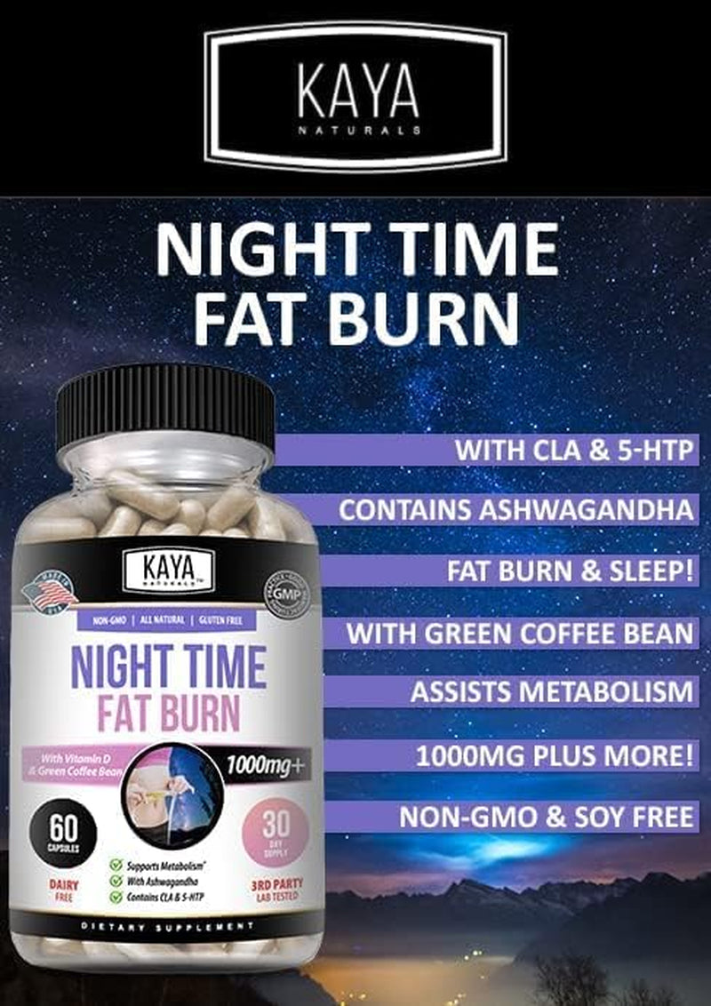 Kaya Naturals Night Time FB | Sleep Support and Metabolism Booster for Women and Men to Reduce Belly Fat | Contains L-Theanine, 5-HTP, and Ashwagandha Root - Stimulant-Free (60 Capsules)