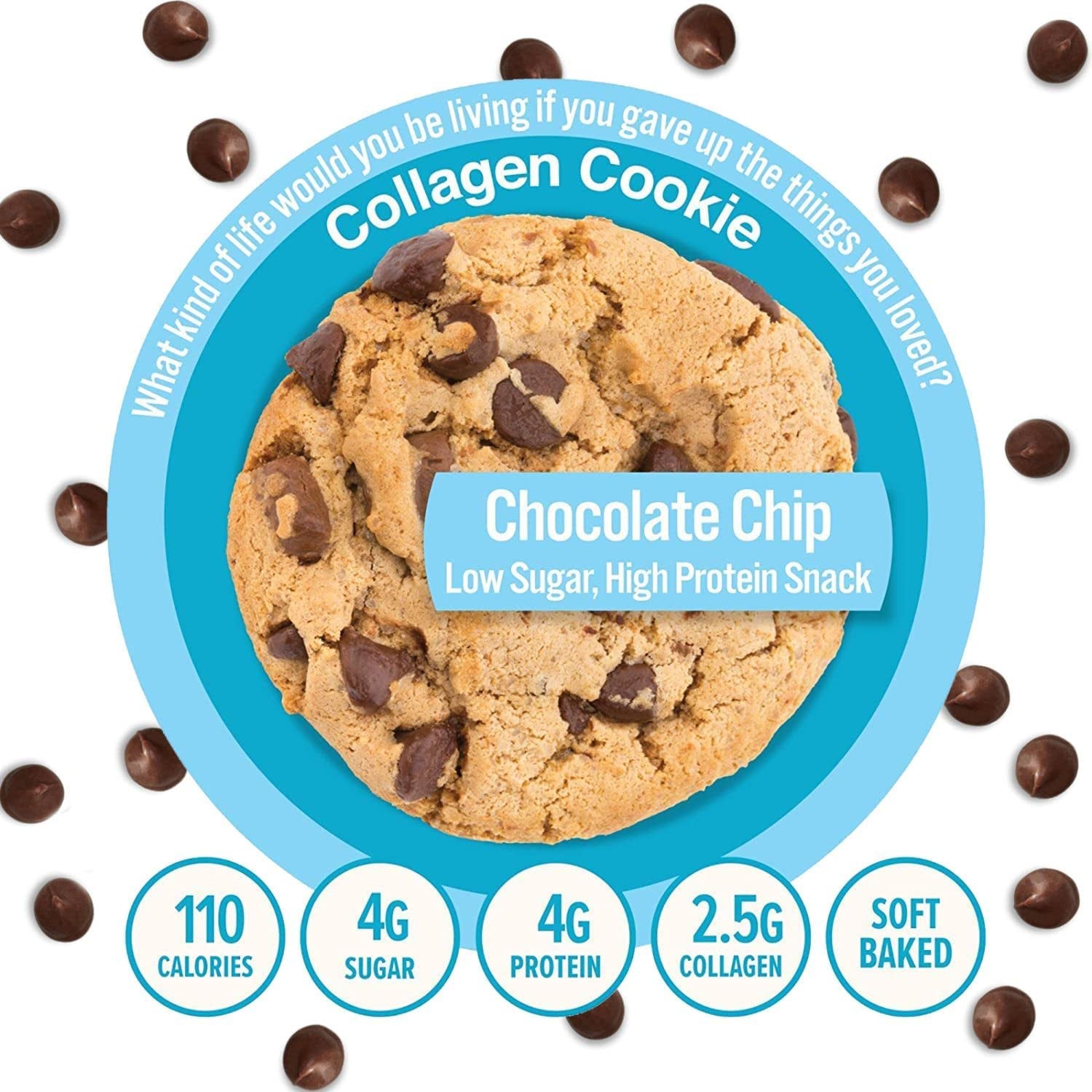 321Glo Collagen Cookies | Soft Baked, High Protein Cookies | Low Carb, Low Sugar | Keto Snack for Women, Men, & Kids | 12 Pack (Chocolate Chip)