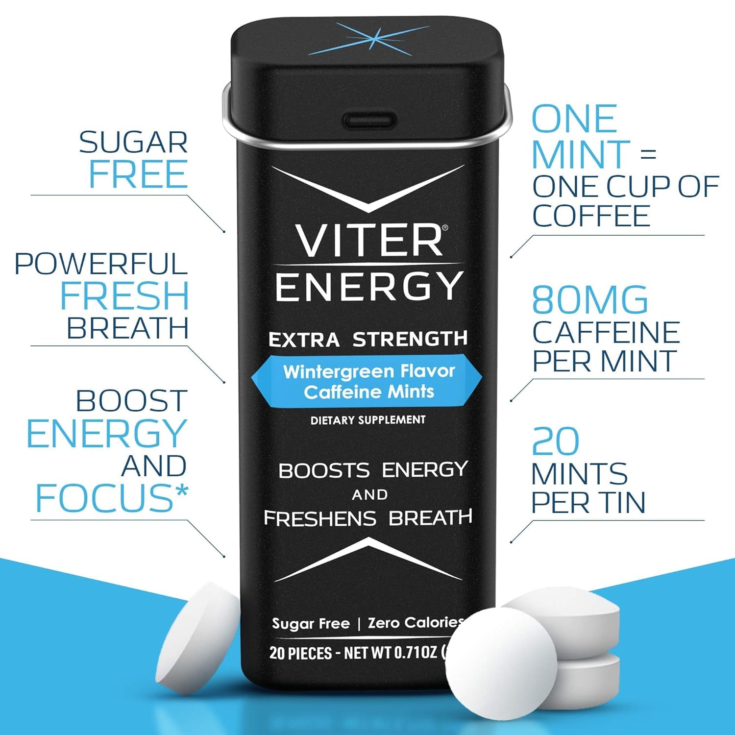 Viter Energy Extra Strength Caffeine Mints Wintergreen Flavor 6 Pack and Caffeine Gum Variety Flavor Sampler Pack Bundle - Caffeine, B Vitamins, Sugar Free, Vegan, Powerful Energy & Focus Booster