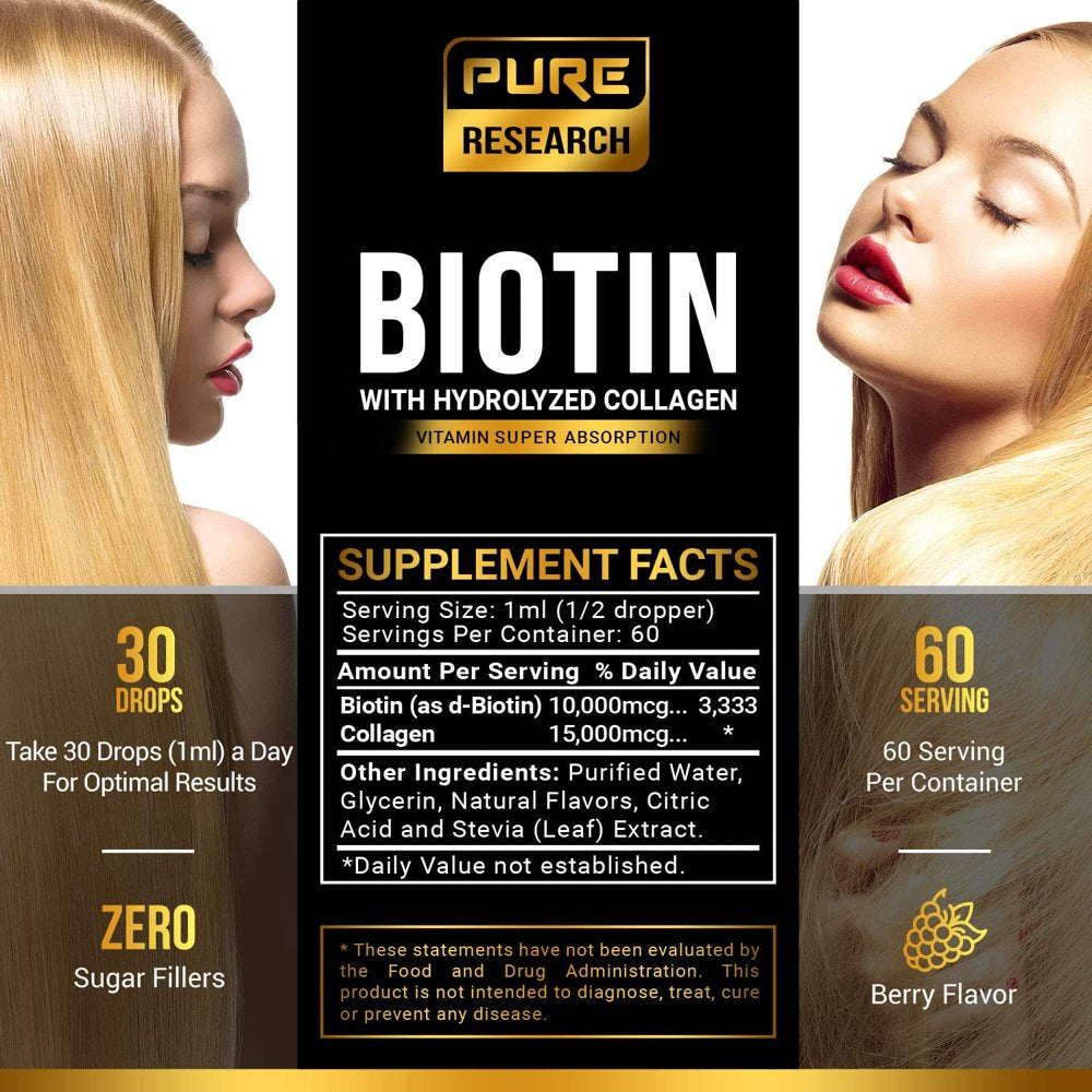 Biotin & Collagen 25,000Mcg Hair Growth Liquid Drops, Supports Strong Nails, Glowing Skin, Healthy Hair Growth. 3X More Absorption than Capsules & Pills