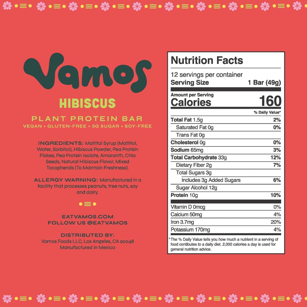 VAMOS FOODS | Vamos Protein Bars (1.73 Oz Bars, 12 Count) | 10G of Plant Based Vegan Protein | Less than 5G of Sugar, Low Calorie, Gluten Free, Grain Free | Hibiscus