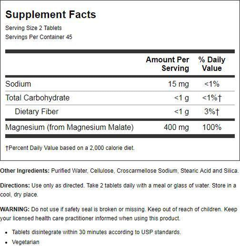 KAL Magnesium Malate 400Mg, Chelated Magnesium Supplement with Malic Acid, Healthy Energy & Muscle Function Support, Enhanced Absorption, Vegan, 60-Day Money Back Guarantee, 45 Servings, 90 Veg Tabs