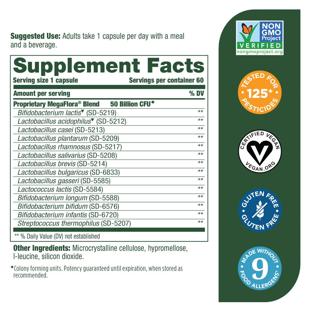 Megafood, Megaflora Plus, Probiotic Supplement with 50 Billion CFU, 60 Servings (60 Capsules)