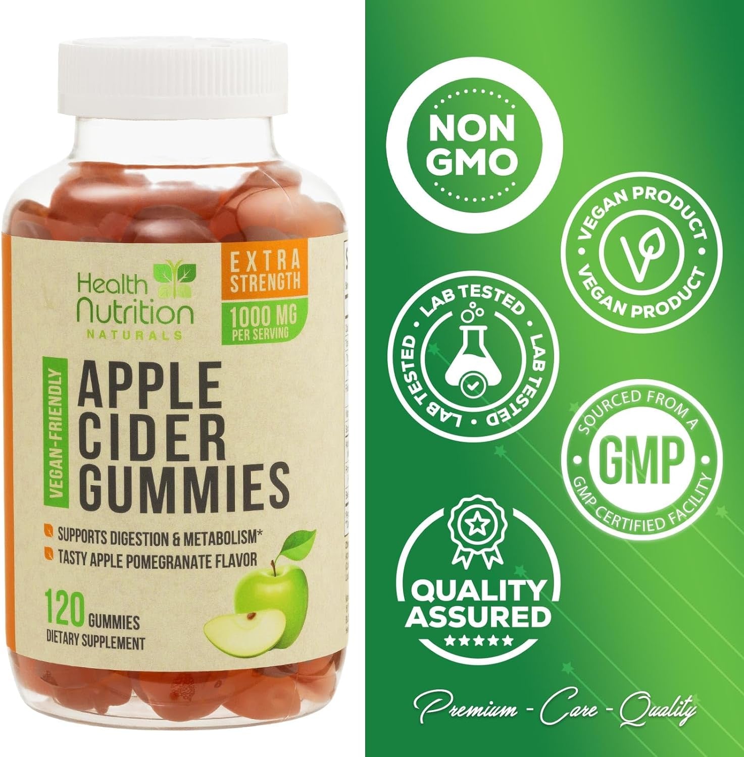 Vegan Apple Cider Vinegar Gummies | Max Strength 1000Mg | ACV Supplement Gummy for Adults, Supports Healthy Digestion, Metabolism, Natural Apple Flavor with Mother, Gluten Free, Non-Gmo - 120 Gummies