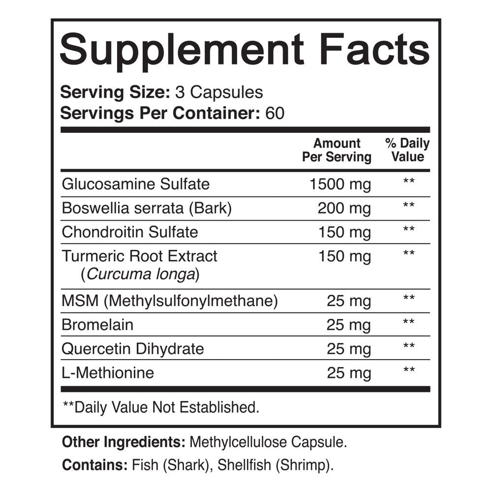 Nutriflair Glucosamine Chondroitin Turmeric MSM Boswellia Supplement, 180 Capsules - Natural & Non-Gmo - Antioxidant Pills - for Back, Knees, Hands, Joints, Cartilage