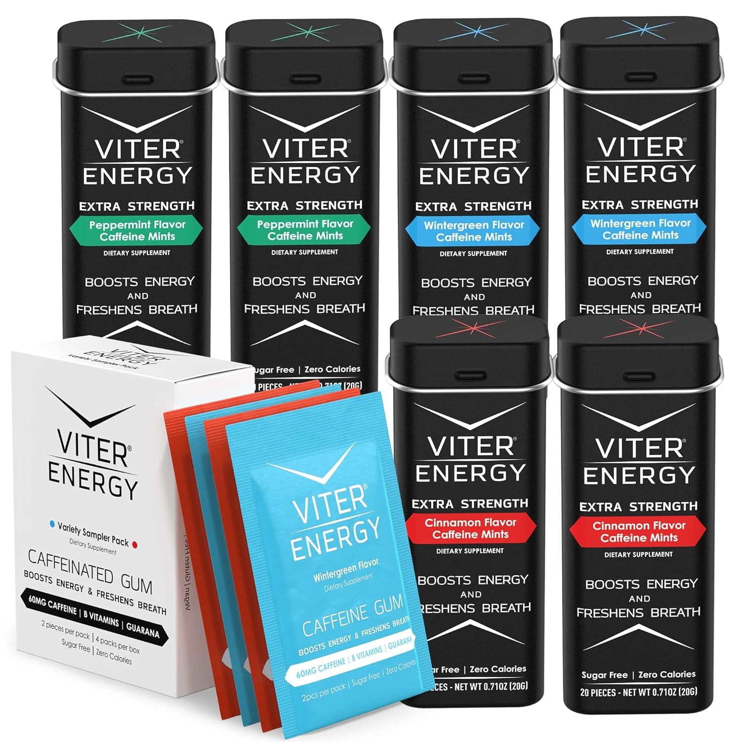 Viter Energy Caffeine Gum Variety Flavor Sampler and Extra Strength 3 Flavor 80Mg Caffeine Mints Variety Packs Bundle - Caffeine, B Vitamins, Sugar Free, Vegan, Powerful Energy Booster for Alertness