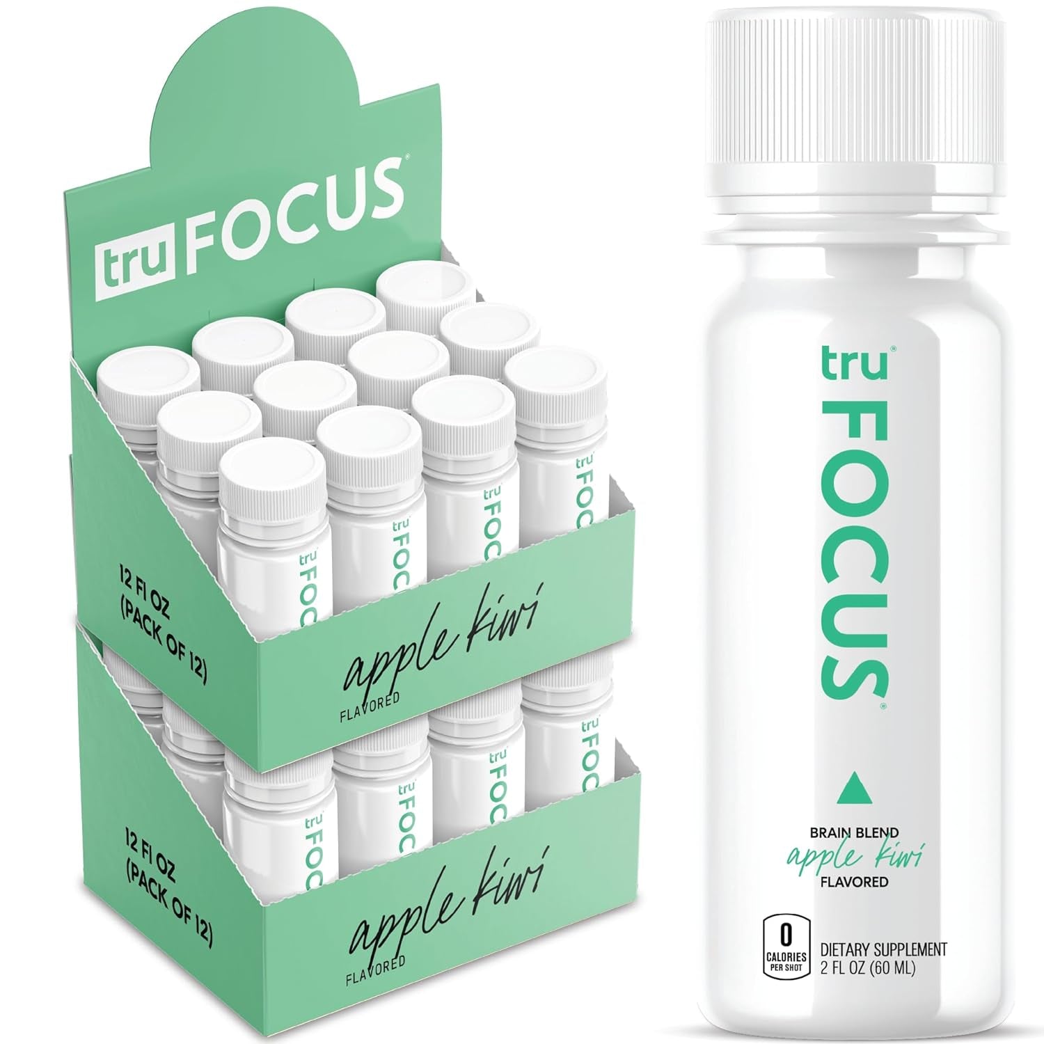 Tru Focus Shot, Apple Kiwi Flavored Extra Strength Energy Shots - Zero Sugar Nootropic Drink plus Adaptogens, Choline, and Yerba Mate - Natural Caffeine, GF, Keto, Vegan Supplement, 2Oz (Pack of 24)