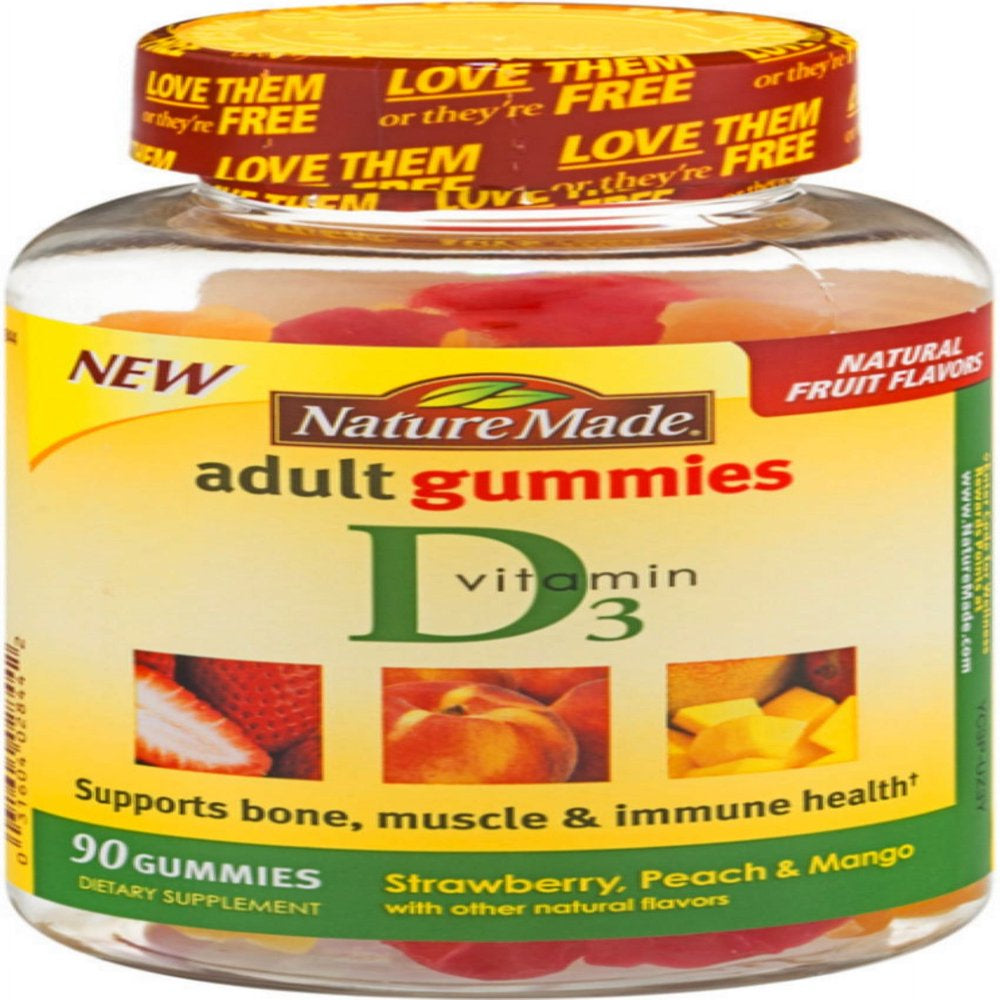 Nature Made Vitamin D3 Adult Gummies, Strawberry, Peach & Mango 90 Ea (Pack of 3)