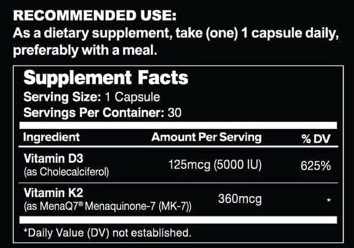 Leviathan Nutrition K2&D3 | Vitamin K2 (MK7) (360Mcg) + Vitamin D3 (5000 IU) Vegan All Natural Extra Strength Supplement - Bone and Heart Health for Men and Women