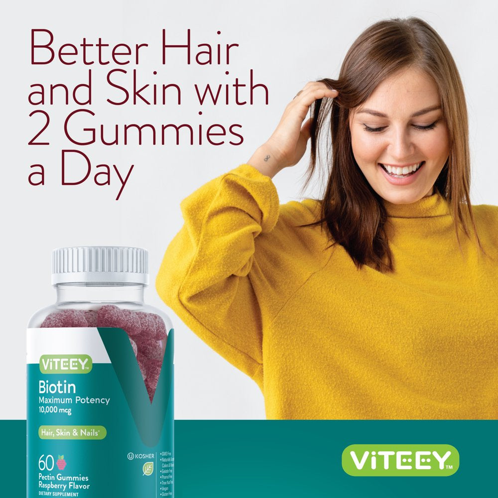 VITEEY Biotin Gummies 10,000 Mcg, Supports Hair, Skin, & Nails, Raspberry Flavor, 60 Count (Pack of 1)