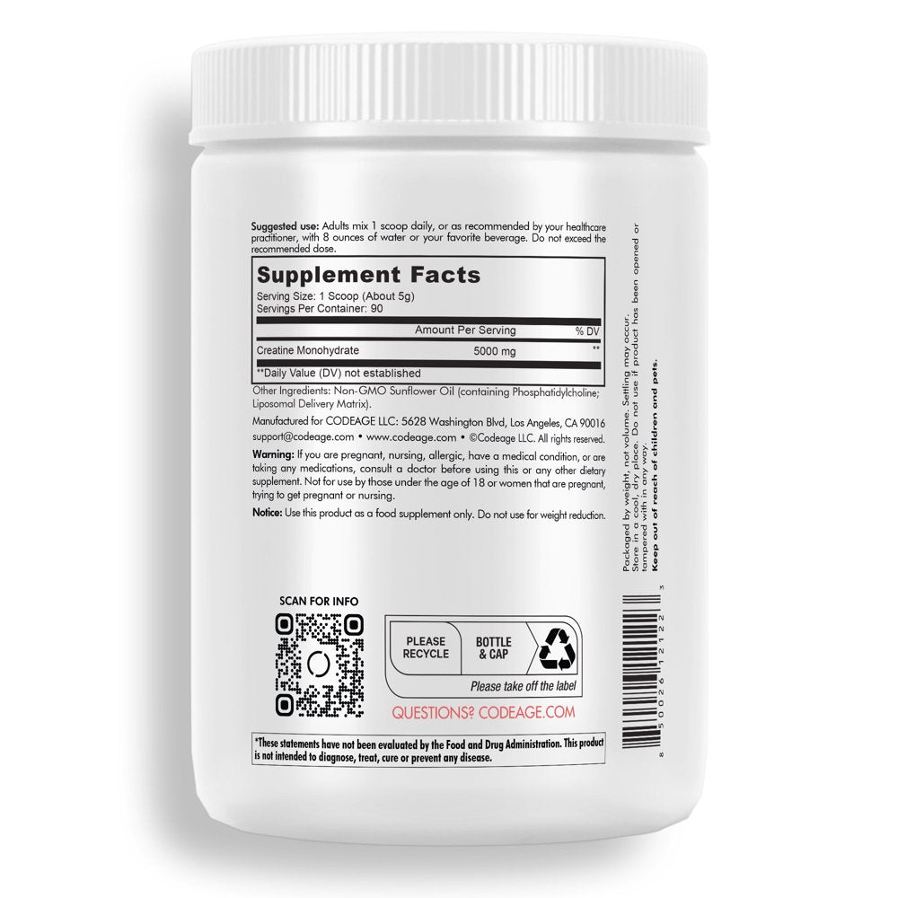 Codeage Liposomal Creatine Monohydrate Powder Supplement, Unflavored, 3-Month Supply, 90 Servings