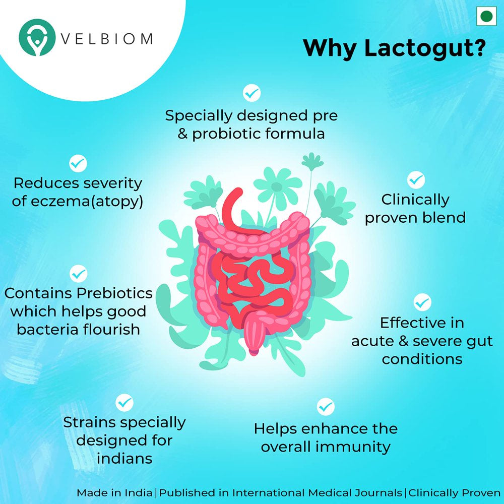 Velbiom Lactogut | Probiotics Supplement for Digestive Health, Gut Health & Immunity 30 Capsules