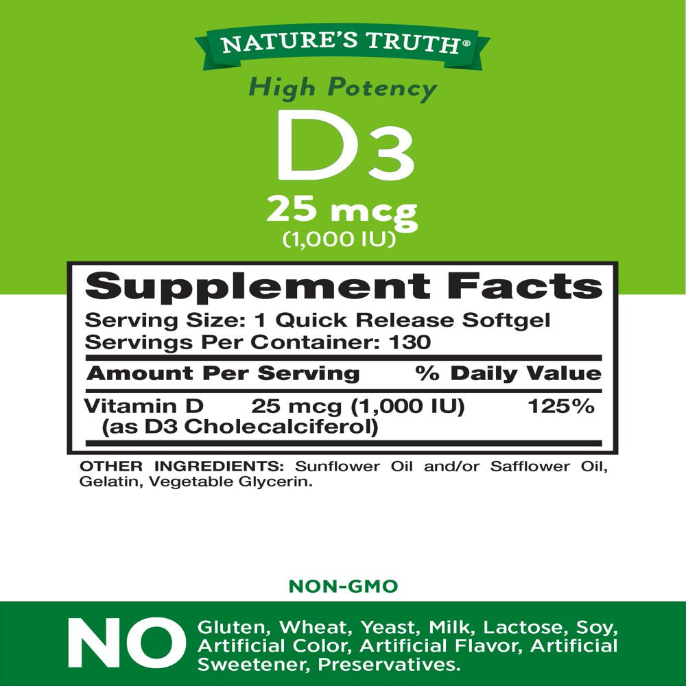 Vitamin D3 1000 IU | 130 Softgels | High Potency D | Non-Gmo, Gluten Free, Soy Free | by Nature'S Truth