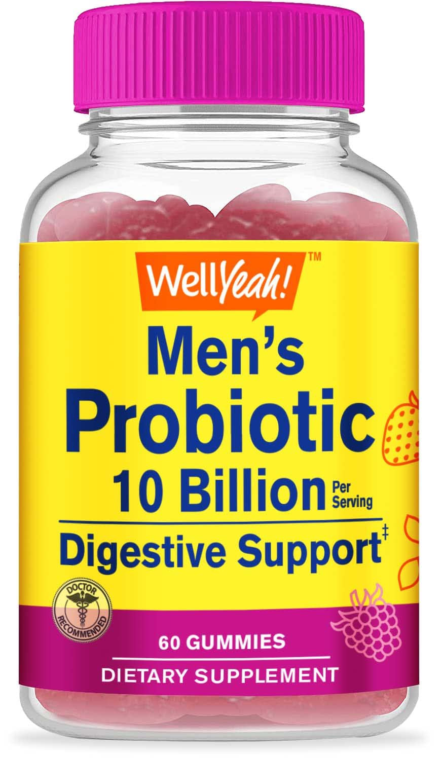 Wellyeah Probiotic Gummies for Men with 10 Billion Cfus, Restore Natural Digestive Balance, Reduce Gas, Bloating, and Irregularity, Gluten Free, Non-Gmo, Vegetarian - 60 Gummies