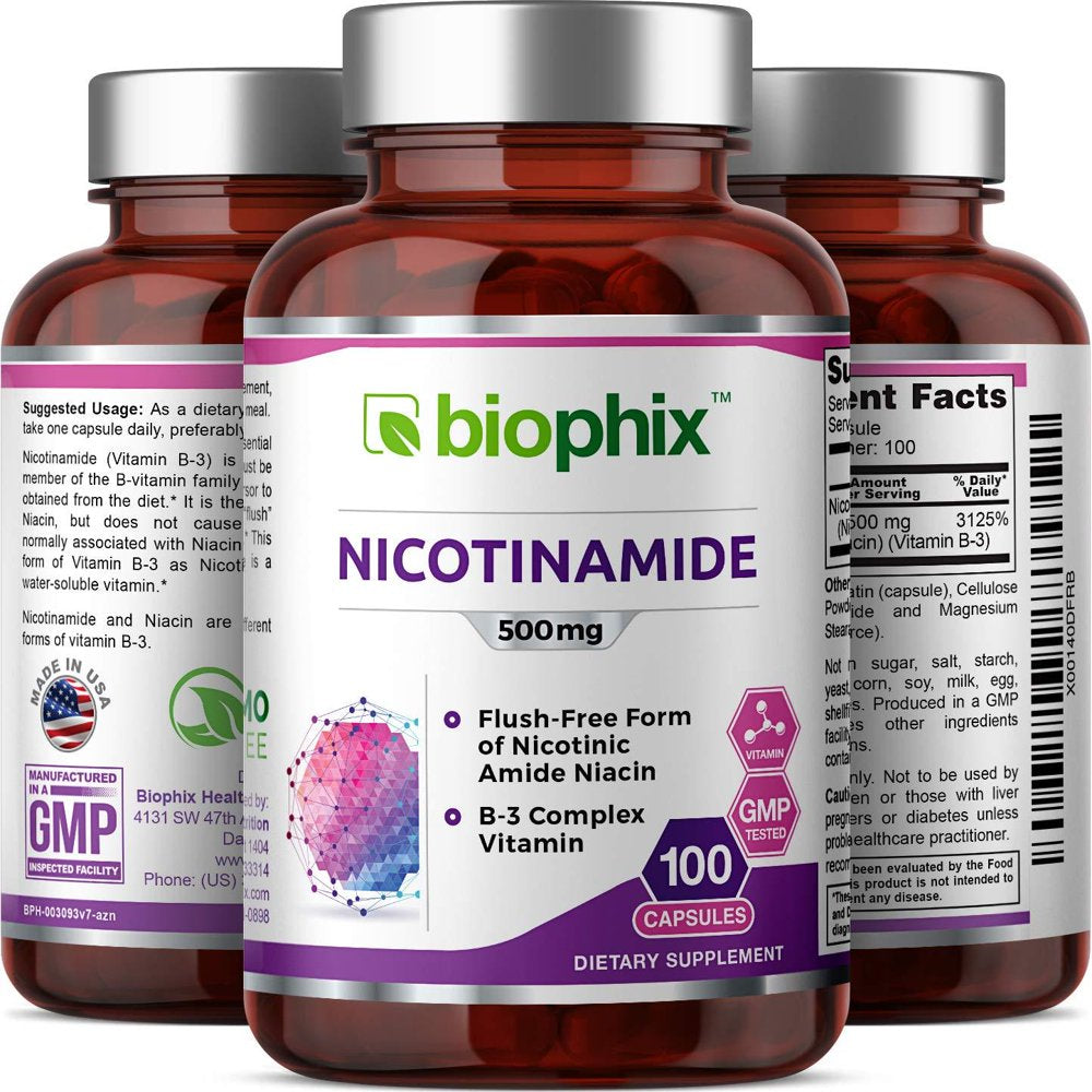 B-3 Nicotinamide 500 Mg 100 Capsules - Natural Flush-Free Vitamin Formula | Gluten-Free Nicotinic Amide Niacin | Supports Skin Health | Healthy Cell Repair