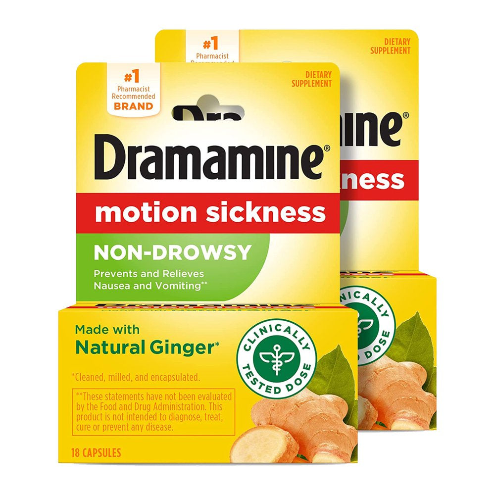 Dramamine Non-Drowsy, Motion Sickness Relief, Made with Natural Ginger, 18 Count, 2 Pack