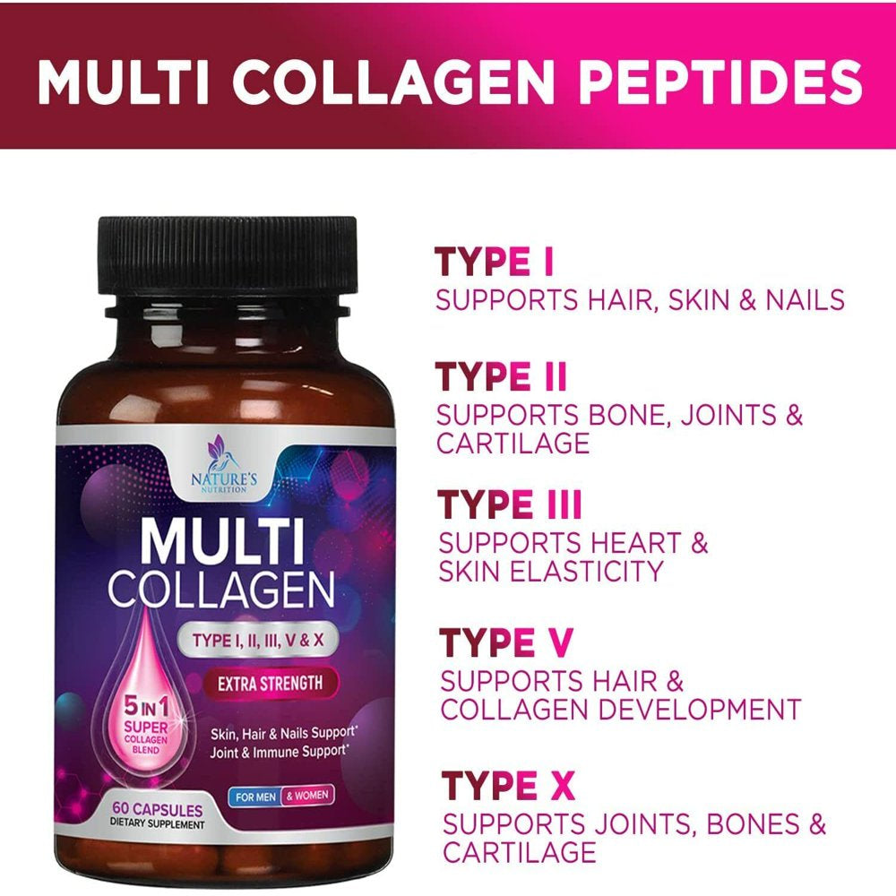 Collagen Peptides Pills 1000Mg Hydrolyzed Collagen Capsules (Types I,II,III,V,X) Size: 60 Capsules