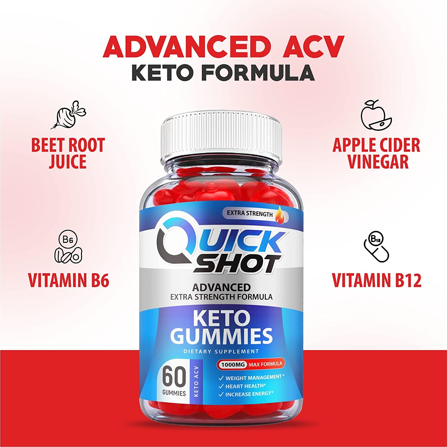 (2 Pack) Quick Shot Keto Gummies, Quickshot Keto Gummies, Official Formula 1000Mg Vegan, Non Gmo, Quick Shot Keto ACV Gummies, Quick Shot ACV Keto Gummies with Apple Cider Vinegar, B12 (120 Gummies)