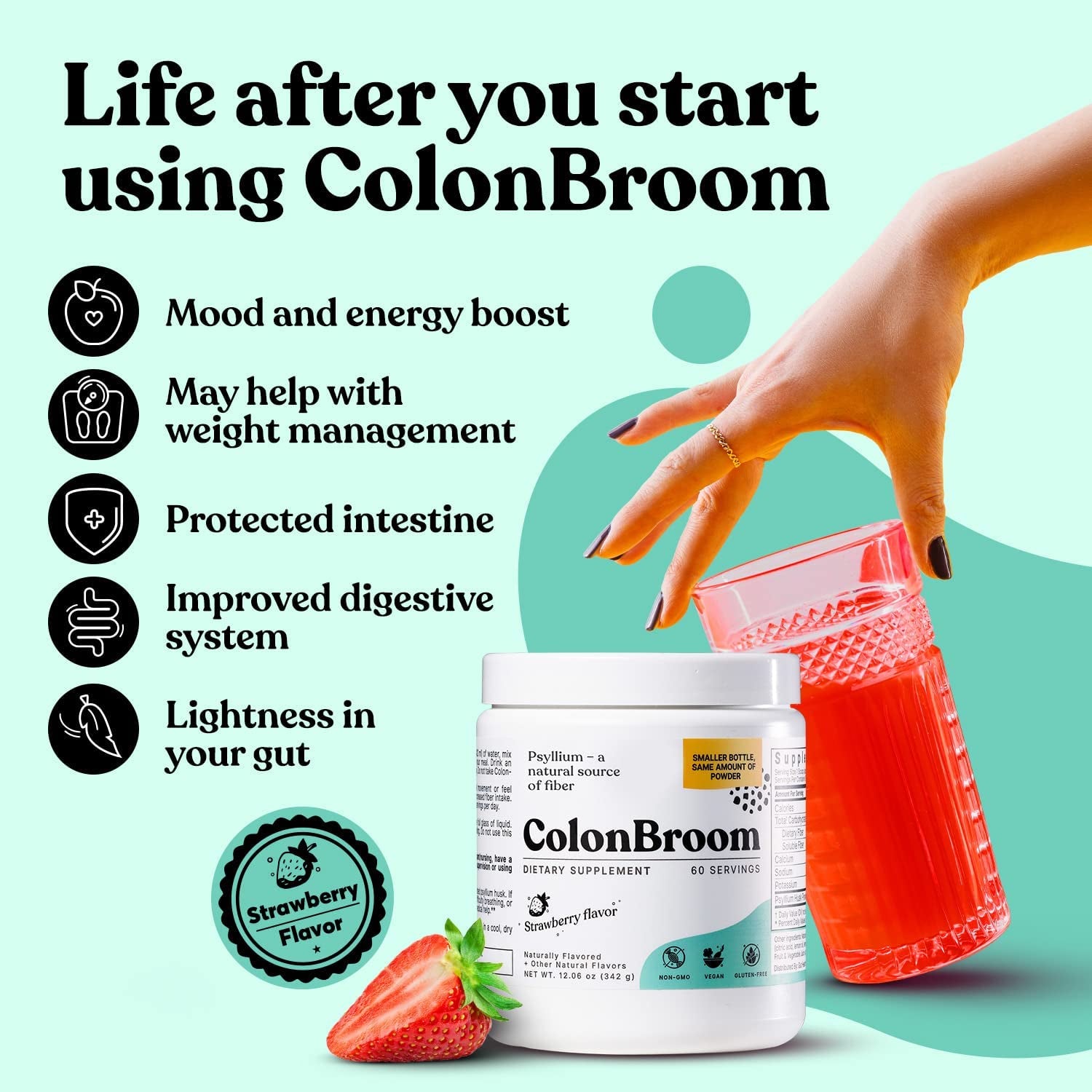 Colonbroom Psyllium Husk Powder (Strawberry & Tropical Fruits) - Colon Broom Colon Cleanse for Bloating Relief & Gut Health - Fiber Powder Drink - Vegan, Gluten Free, Non-Gmo Fiber Powder Supplement