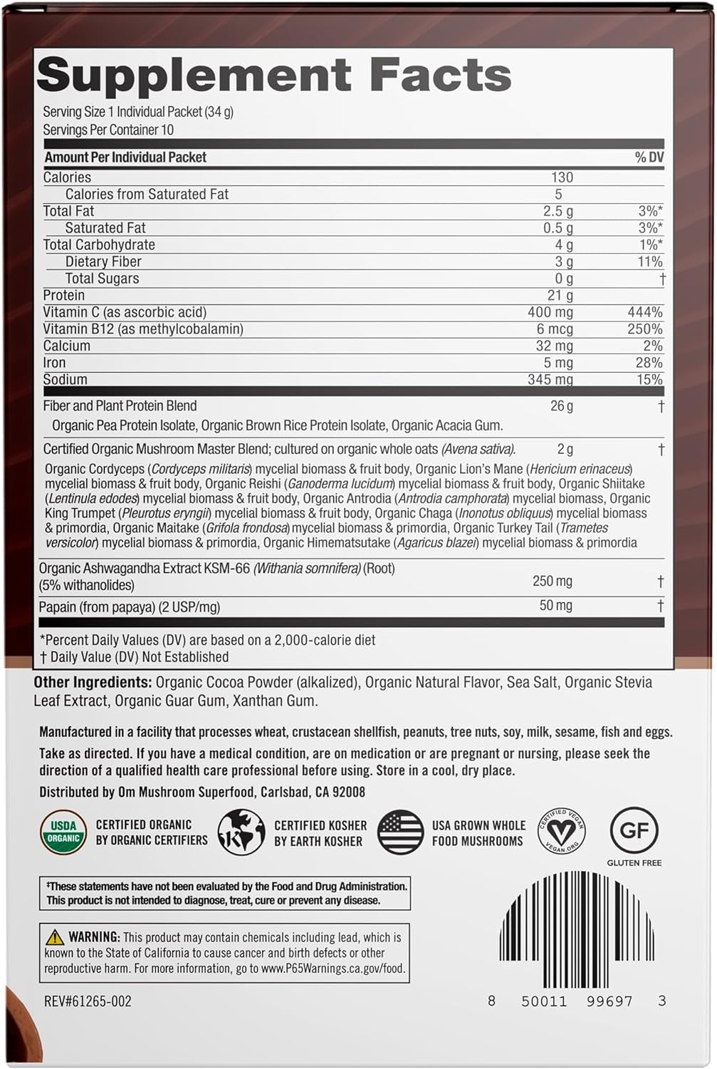 Om Mushroom Superfood Master Blend Mushrooms & Adaptogens, Creamy Chocolate Plant Protein, Single Serve, 10 Count, 10 Mushroom Complex, Lion'S Mane, Ashwagandha for Energy, Recovery, Stress Relief