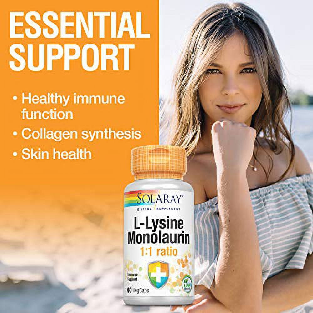 SOLARAY L-Lysine Monolaurin Immune Supplement | 1:1 Ratio for Immune System Function & Skin Health Support, 60 Vegcaps, 30 Serv.