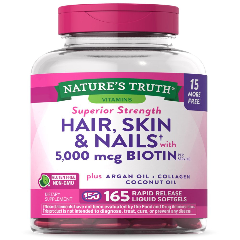 Hair Skin and Nails Vitamins | 165 Softgels | Extra Strength | plus Biotin, Collagen, Argan Oil and Coconut Oil | Non-Gmo and Gluten Free Supplement | by Nature'S Truth