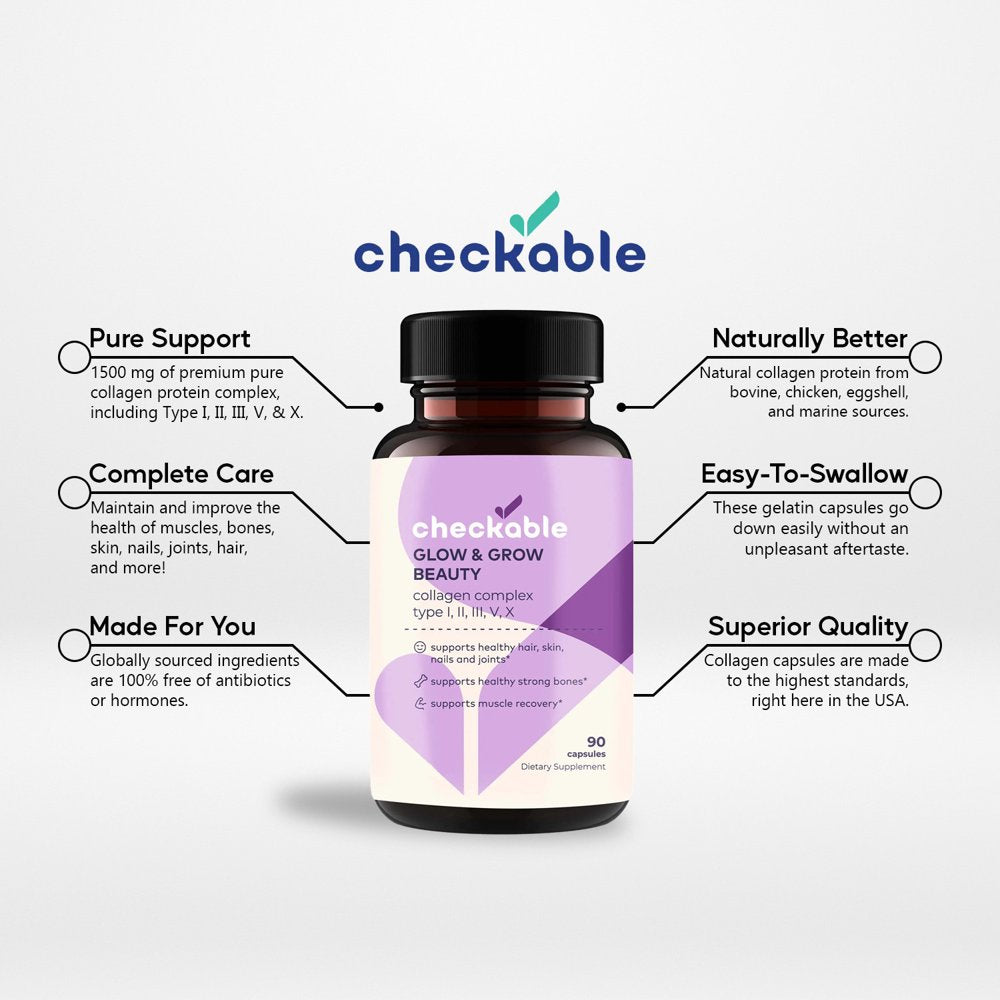 Checkable® Collagen Complex Supplements - Hair, Skin, Nails, Joints, Bones, and Muscle Support - with Natural Collagen Type I, II, III, V, and X (1500 Mg) - 180 Capsules